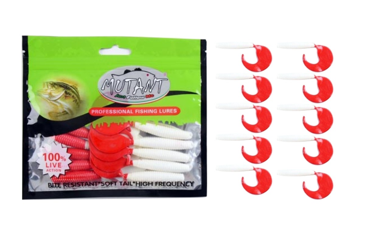 Mutant 3555 Big Twist 10cm Levrek Silikonu 6'lı Paket Suni Yem Kırmızı-Beyaz