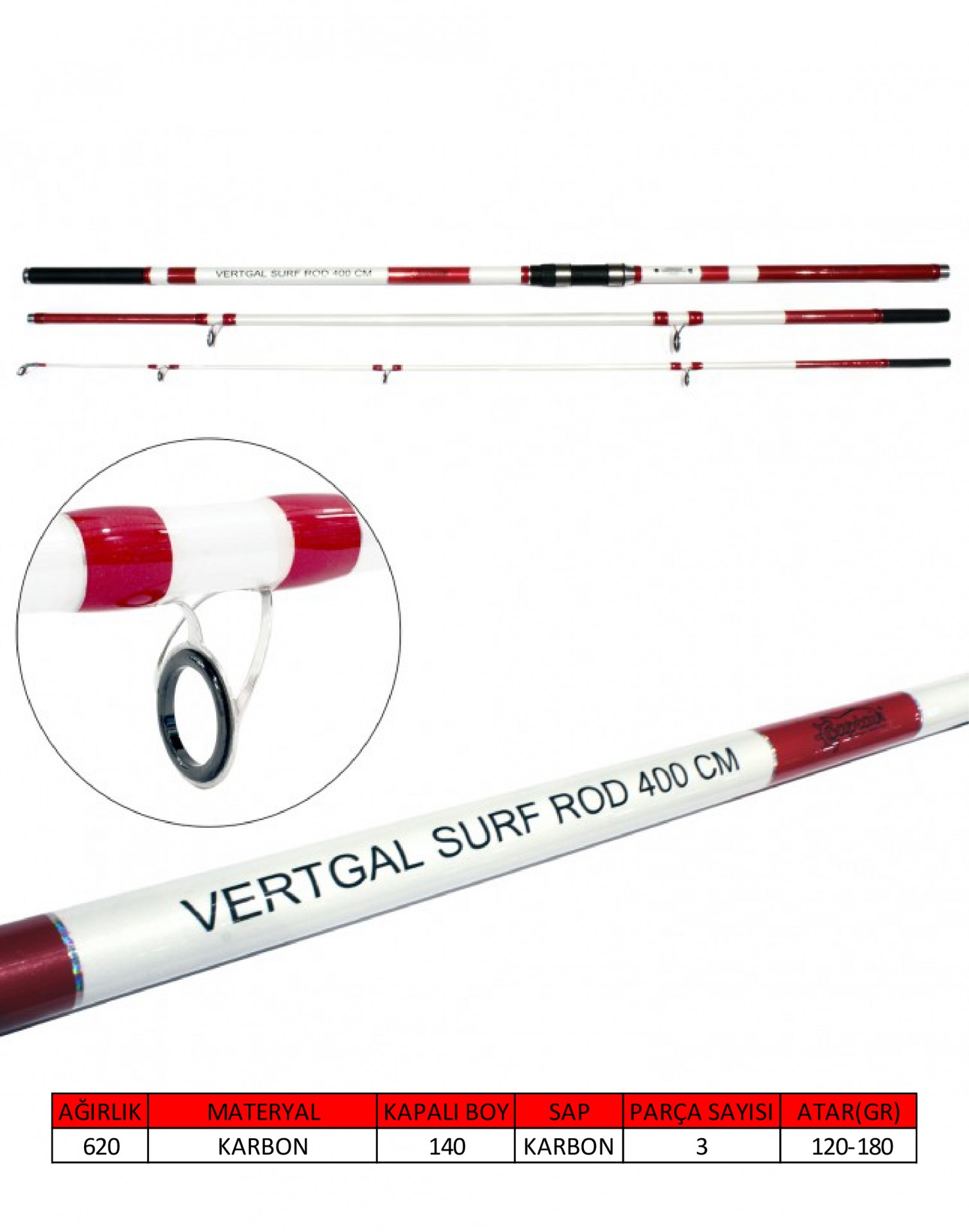 Captain 1698 Vertigal 400cm 3 Parça Surf Kamış 120-180gr Atar